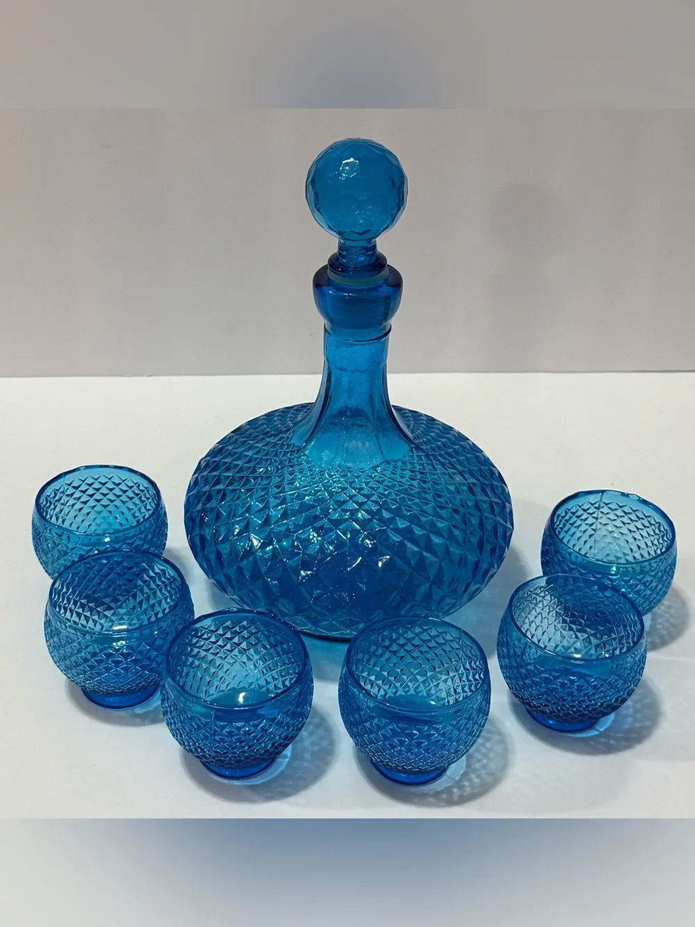 MCM 1960s 7 Piece Empoli Italy Blue Diamond Point Decanter Set – Vintage